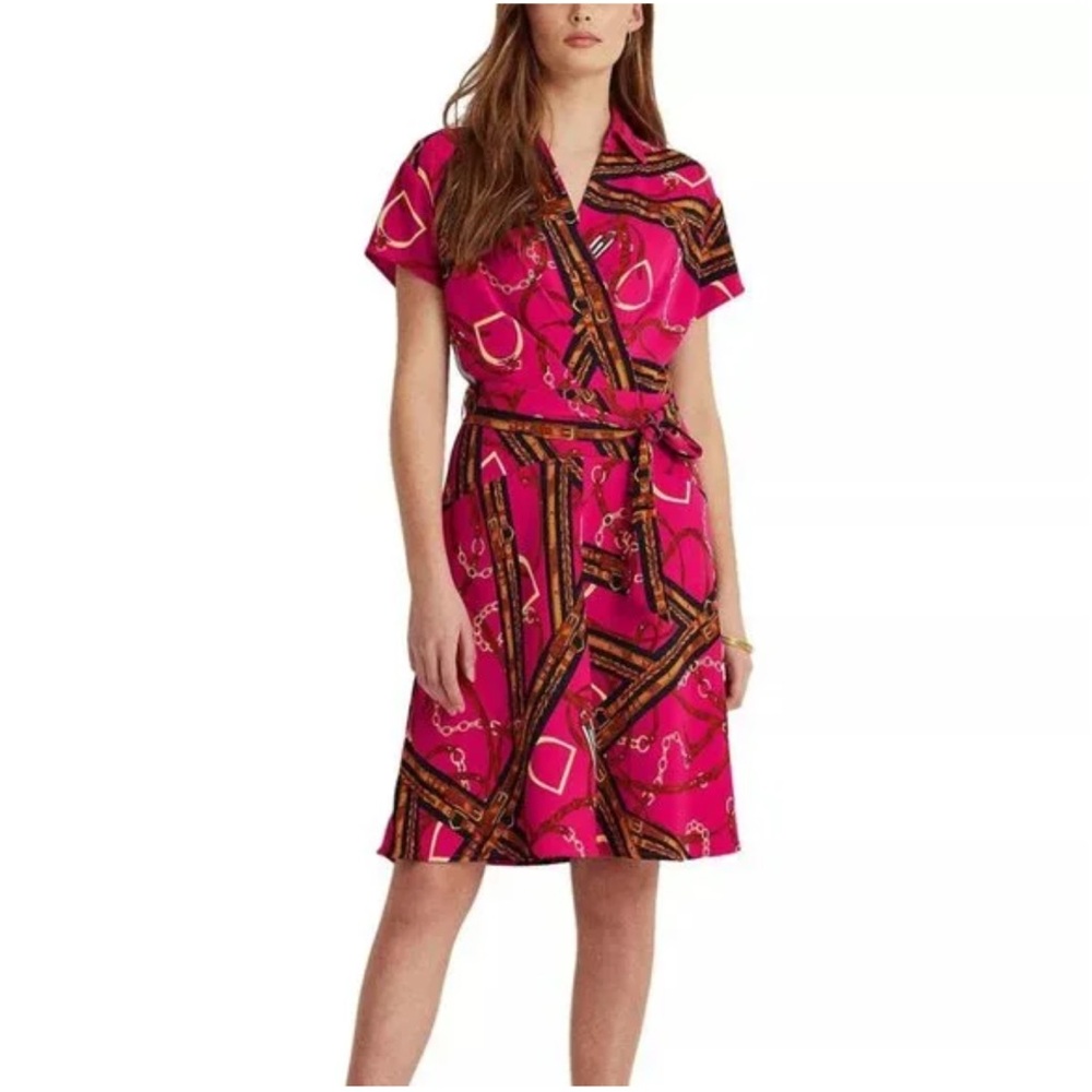 Ralph Lauren Horse Bit V Neck Pink Knee Length Dress - Picture 3 of 14